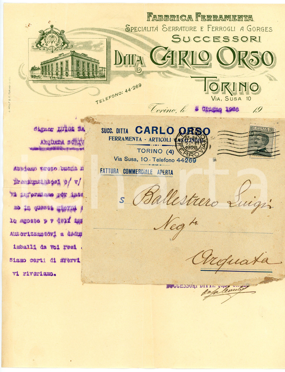 1926 TORINO Carlo ORSO - Fabbrica ferramenta, serrature *Lettera commerciale Lettera commerciale d'epoca, dattiloscritta, su carta intestata illustrata.Busta intestata e viaggiata.Torino - via Susa,10CONDIZIONI: P (piegature d'epoca, piccoli fori all'angolo superiore sinistro e sbavatura dell'inchiostro)PAGINE: 1    originale e autentica 1