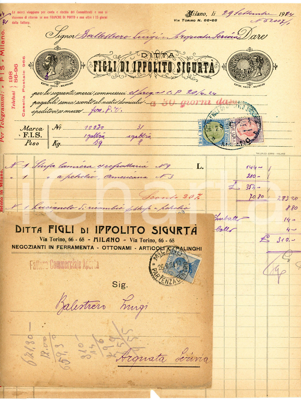 1924 MILANO - Ditta Figli di Ippolito SIGURTÀ - Ferramenta ed ottonami - Fattura Fattura commerciale d'epoca, a stampa con inserti manoscritti, su carta intestata illustrata.Busta intestata e viaggiata.Milano - via Torino, 66-68Presenti marche da bollo.CONDIZIONI: P (piegature d'epoca, lieve ingiallimento, piccoli strappi ai lati sinistro, destro e inferiore lungo la piegatura)PAGINE: 1    originale e autentica 1