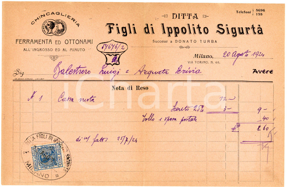 Documento originale, autentico 1924 MILANO  Ditta Figli di Ippolito SIGURTÃ€  Ferramenta ed ottonami  Nota di reso 1