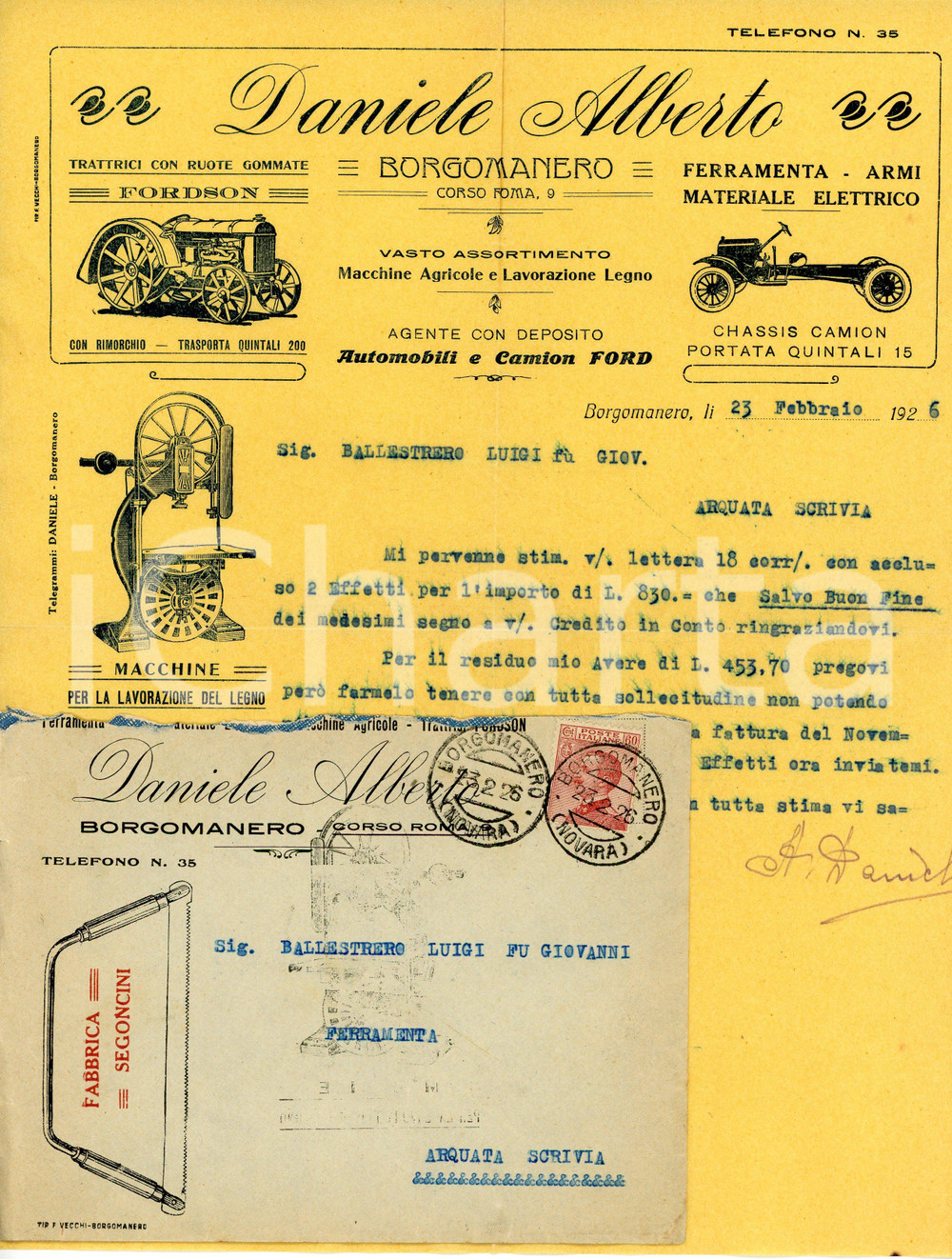 1926 BORGOMANERO Alberto DANIELE Materiale elettrico, ferramenta, armi *Lettera Lettera commerciale d'epoca, dattiloscritta, su carta intestata illustrata.Busta intestata, illustrata e viaggiata.Borgomanero - corso Roma, 9CONDIZIONI: F (piegature d'epoca)PAGINE: 1    originale e autentica 1