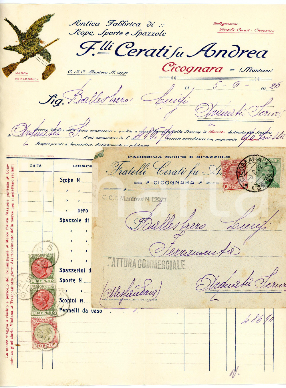 1926 CICOGNARA/ VIADANA - F.lli CERATI fu Andrea - Fabbrica di scope e spazzole Fattura commerciale d'epoca, a stampa con inserti manoscritti, su carta intestata.Busta intestata e viaggiata.Presenti marche da bollo.CONDIZIONI: F (piegature d'epoca, piccoli fori con tracce di ruggine all'angolo superiore sinistro)PAGINE: 1    originale e autentica 1