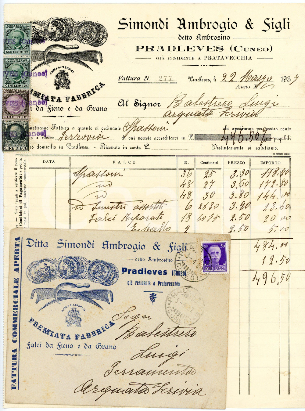1937 PRADLEVES Ambrogio SIMONDI & Figli - Fabbrica falci fieno e grano *Fattura Fattura commerciale d'epoca, manoscritta, su carta intestata illustrata.Busta intestata, illustrata e viaggiata.Presenti marche da bollo.CONDIZIONI: F (piegature d'epoca)PAGINE: 1    originale e autentica 1