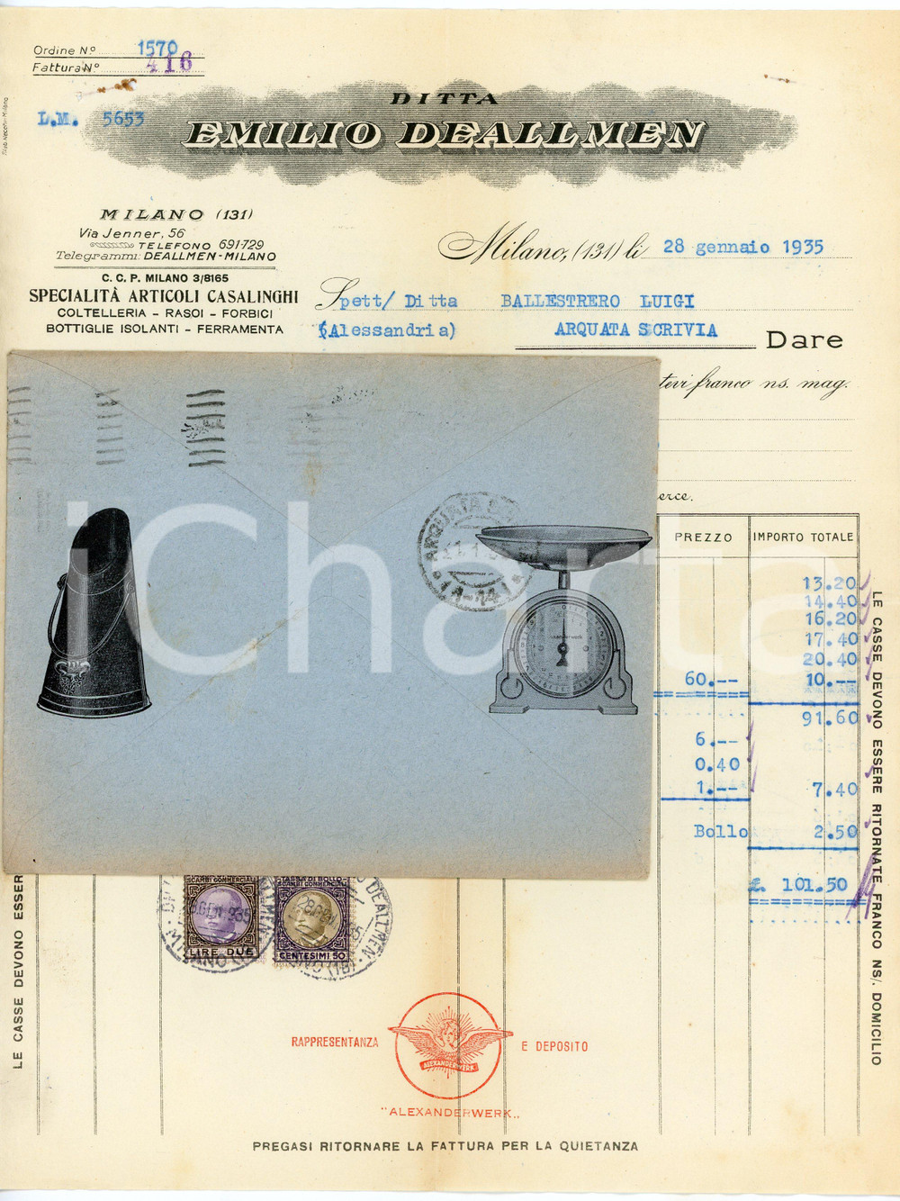 1935 MILANO Ditta Emilio DEALLMEN Articoli casalinghi - Fattura per forbici Fattura commerciale d'epoca, su carta intestata, dattiloscritta, illustrata. Con busta illustrata. CONDIZIONI: FAIR (piegature d'epoca, bruniture diffuse)PAGINE: 2    originale e autentica 1