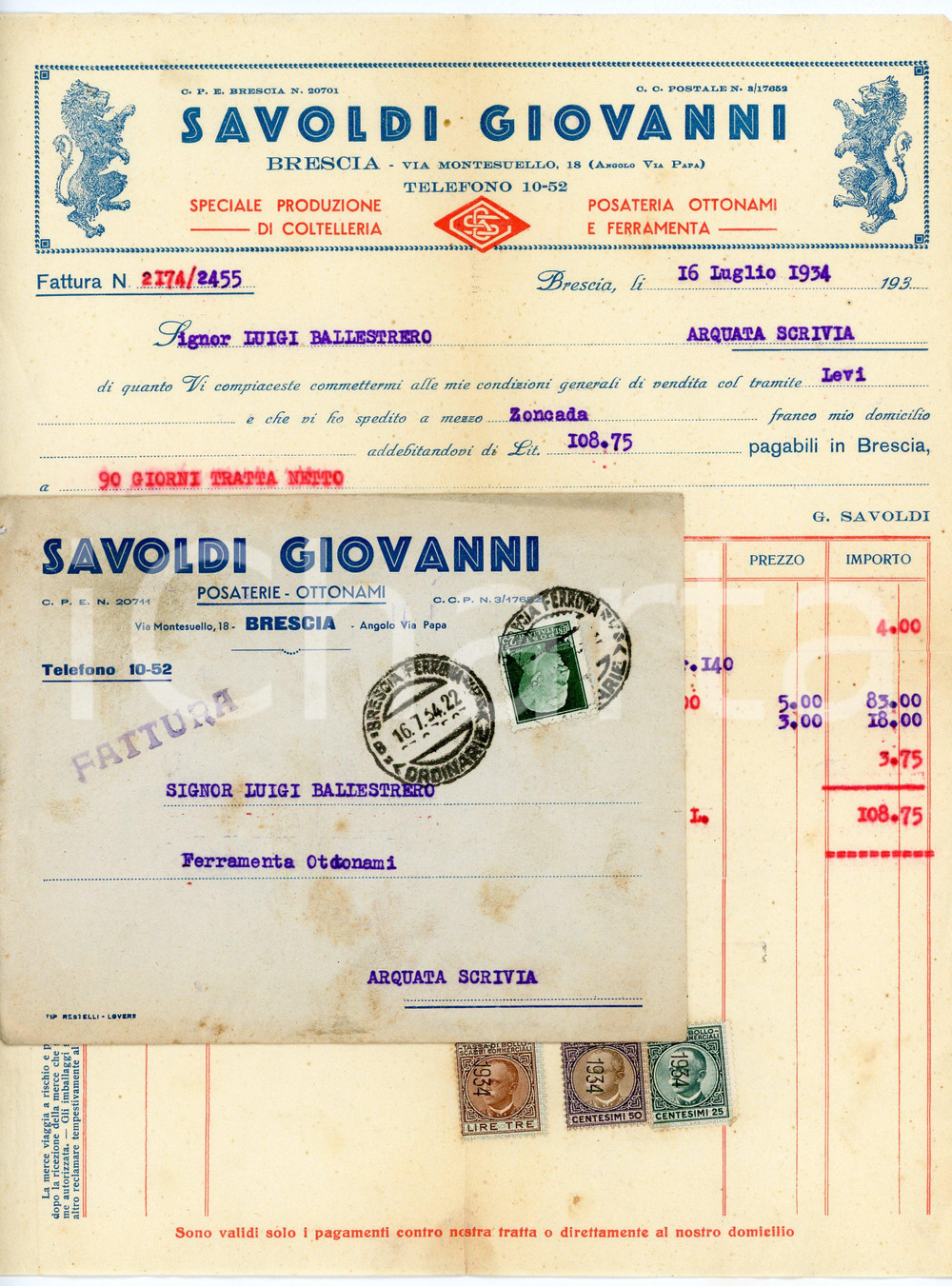 1934 BRESCIA Giovanni SAVOLDI Produzione di coltelleria - Fattura Fattura commerciale d'epoca, su carta intestata, illustrata. Con busta. CONDIZIONI: FAIR (piegature d'epoca, bruniture diffuse)PAGINE: 1    originale e autentica 1