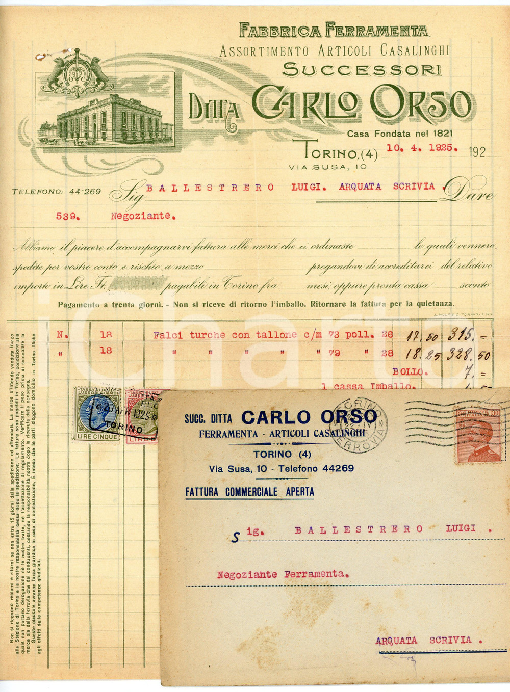 1925 TORINO - Carlo ORSO - Fabbrica ferramenta, articoli casalinghi *Fattura Fattura commerciale d'epoca, dattiloscritta, su carta intestata illustrata.Busta intestata e viaggiata.Torino - via Susa,10Presenti marche da bollo.CONDIZIONI: F (piegature d'epoca, fori all'angolo superiore sinistro)PAGINE: 1    originale e autentica 1