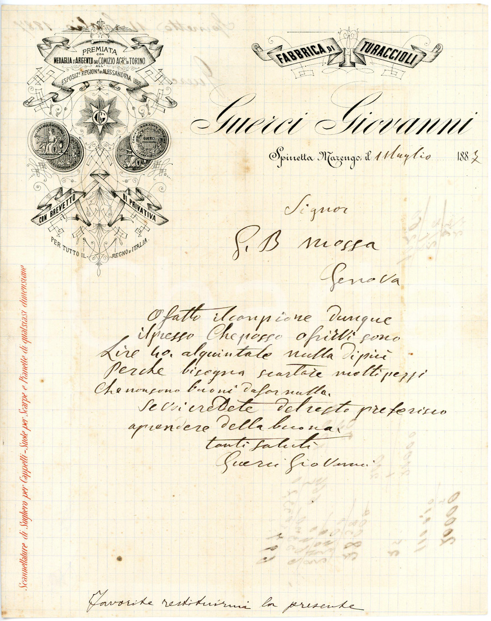 1887 SPINETTA MARENGO Giovanni GUERCI Fabbrica di turaccioli Lettera commerciale Lettera commerciale d'epoca, manoscritta , su carta intestata.CONDIZIONI: FAIR (piegature d'epoca)PAGINE: 1    originale e autentica 1