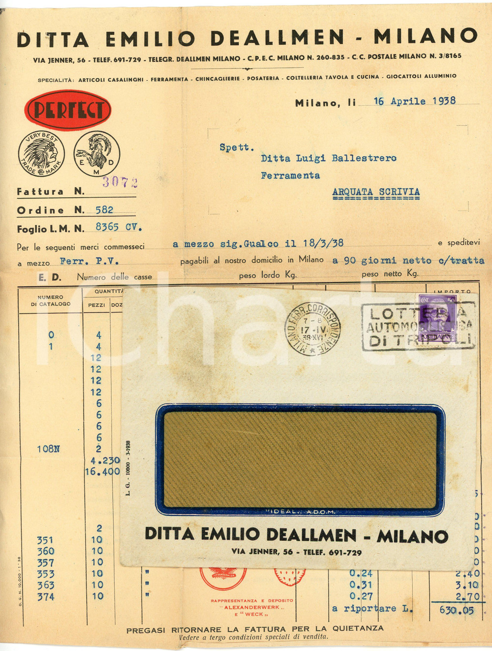 1938 MILANO Ditta Emilio DEALLMEN Articoli casalinghi - Fattura Fattura commerciale d'epoca, su carta intestata, dattiloscritta, illustrata. Con busta illustrata e ricevute di versamento. CONDIZIONI: FAIR (piegature d'epoca, bruniture diffuse)PAGINE: 2    originale e autentica 1