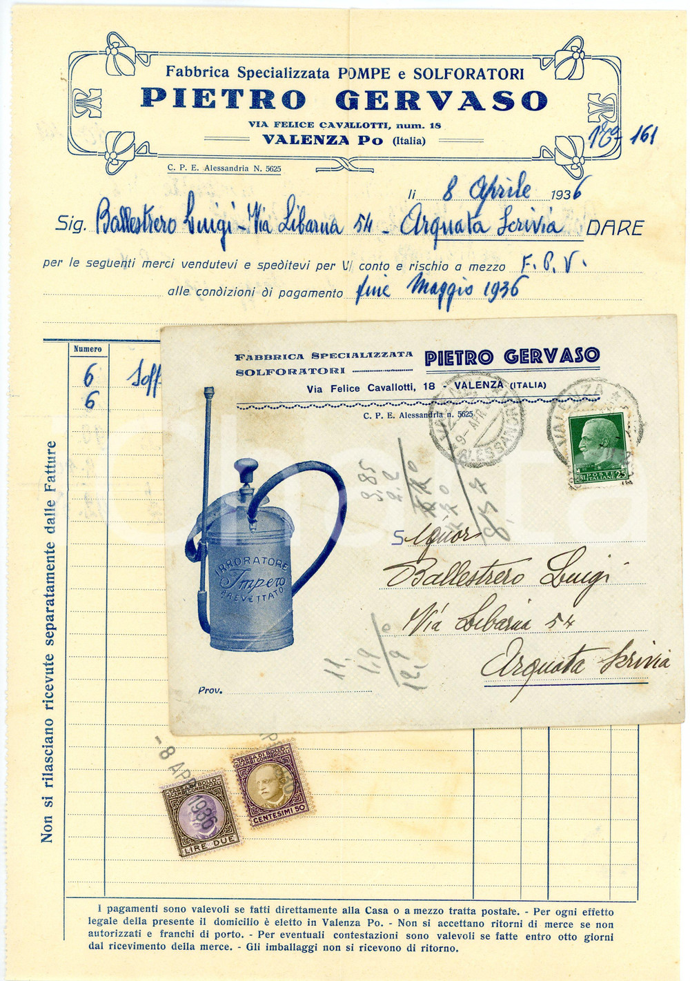 1936 VALENZA PO Fabbrica Pietro GERVASO Pompe e solforatori - Fattura Fattura commerciale d'epoca, su carta intestata, manoscritta. Con busta illustrata.CONDIZIONI: FAIR (piegature d'epoca)PAGINE: 1    originale e autentica 1