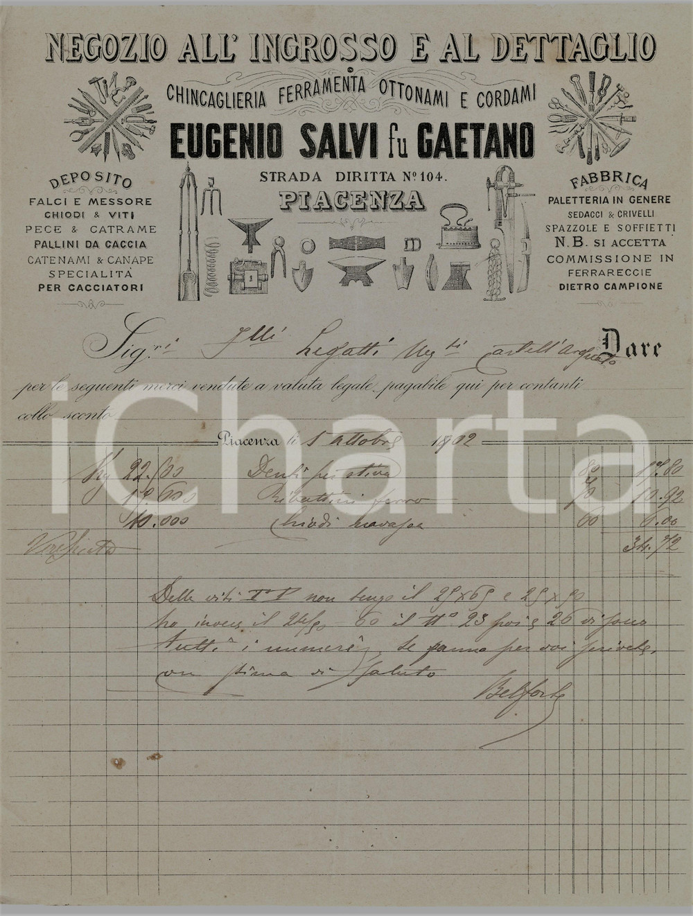 1902 PIACENZA Eugenio SALVI fu Gaetano - Ferramenta - Fattura commerciale Fattura commerciale d'epoca, su carta intestata, manoscritta, illustrata.CONDIZIONI: POOR (piegature d'epoca, forellini diffusi nella parte inferiore del documento)PAGINE: 1    originale e autentica 1