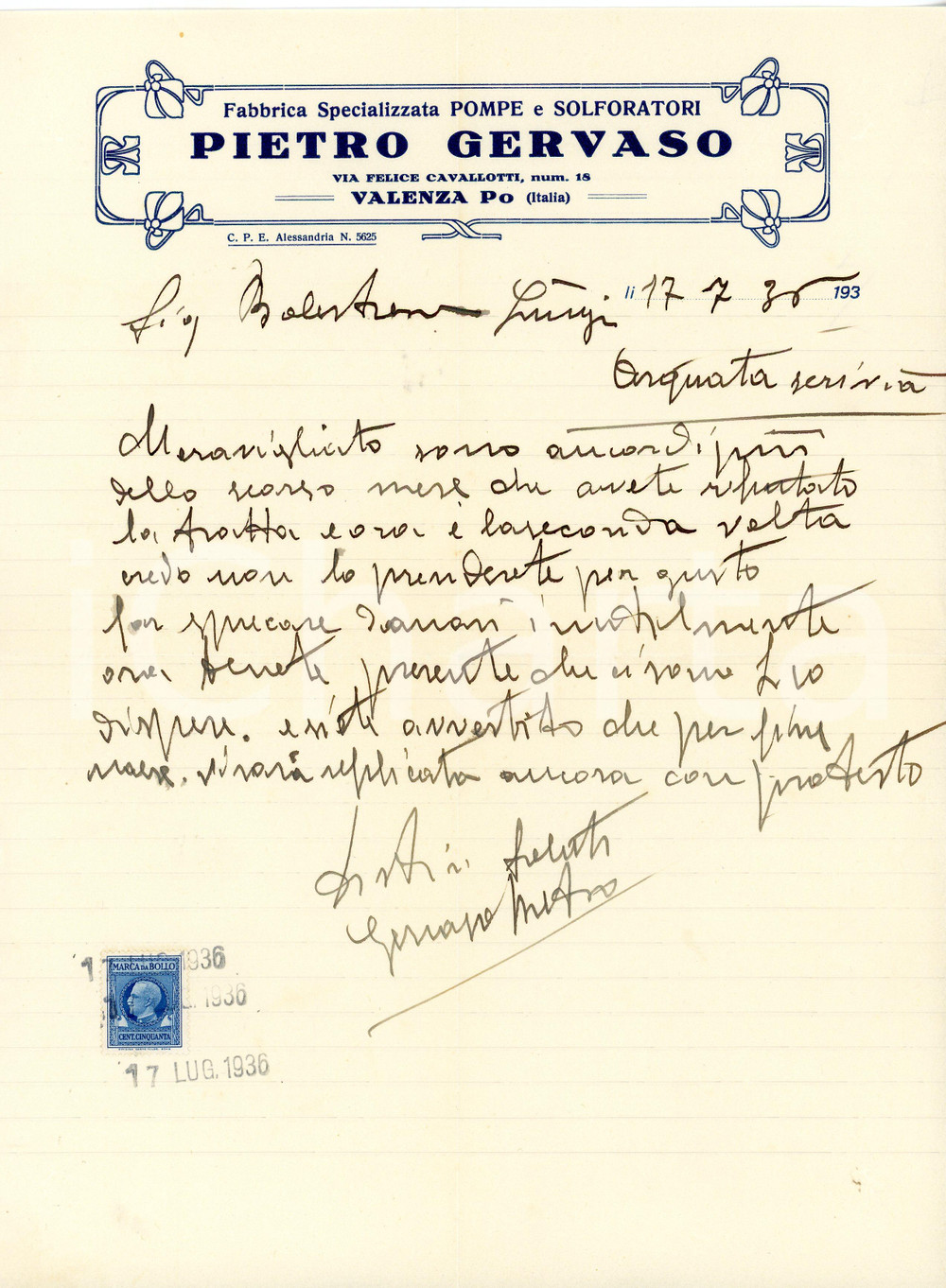 1936 VALENZA PO Fabbrica Pietro GERVASO Pompe e solforatori *Lettera commerciale Fattura commerciale d'epoca, su carta intestata, manoscritta.CONDIZIONI: FAIR (piegature d'epoca)PAGINE: 1    originale e autentica 1