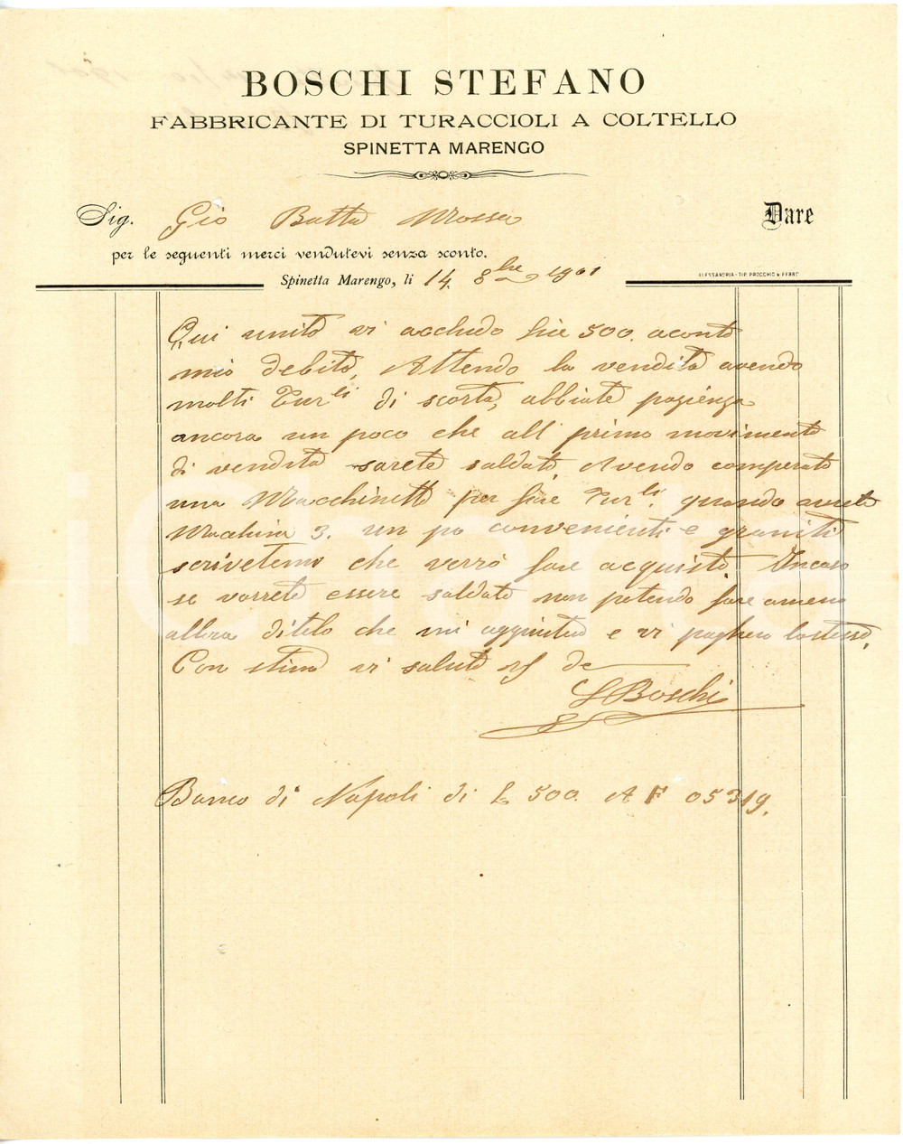 1901 SPINETTA MARENGO Stefano BOSCHI Fabbricante di turaccioli - Lettera Lettera commerciale d'epoca, manoscritta , su carta intestata.CONDIZIONI: POOR (piegature d'epoca, fori al margine destro e sinistro)PAGINE: 1    originale e autentica 1