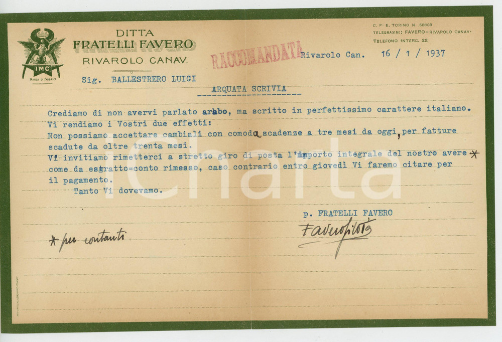 1937 RIVAROLO CANAVAESE (TO) - Fratelli FAVERO - Ferramenta *Lettera Lettera commerciale d'epoca, dattiloscritta, su carta intestata.CONDIZIONI: F (piegature d'epoca)PAGINE: 1    originale e autentica 1