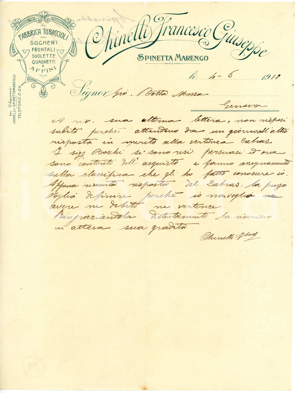 1910 SPINETTA MARENGO Francesco Giuseppe CHINETTI Fabbrica turaccioli - Lettera Lettera commerciale d'epoca, manoscritta , su carta intestata.CONDIZIONI: FAIR (piegature d'epoca, lieve strappo al margine superiore)PAGINE: 1    originale e autentica 1
