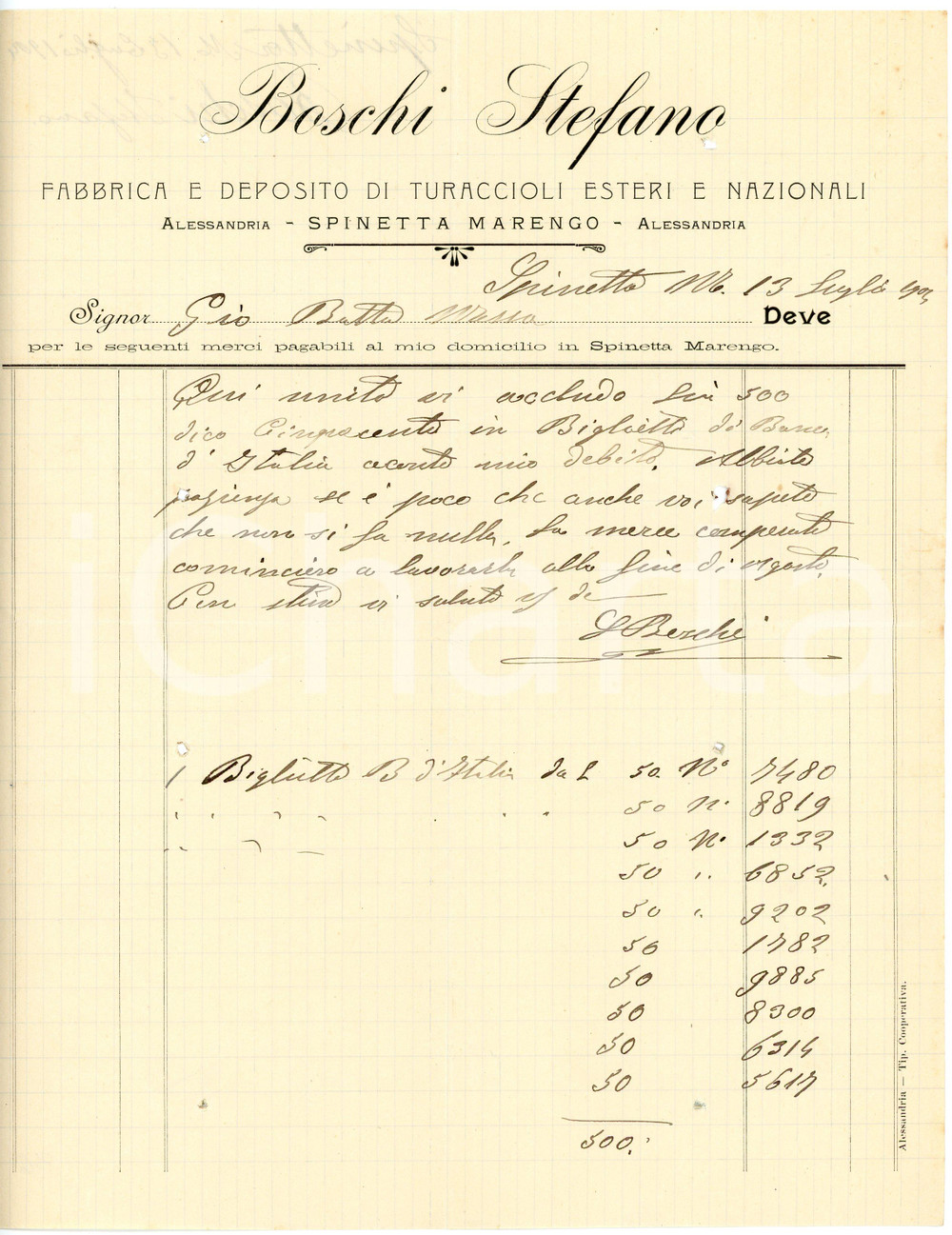 1904 SPINETTA MARENGO - Stefano BOSCHI Fabbrica turaccioli - Fattura Fattura commerciale d'epoca, manoscritta , su carta intestata.CONDIZIONI: VERY POOR (piegature d'epoca, fori al margine destro e sinistro)PAGINE: 1    originale e autentica 1
