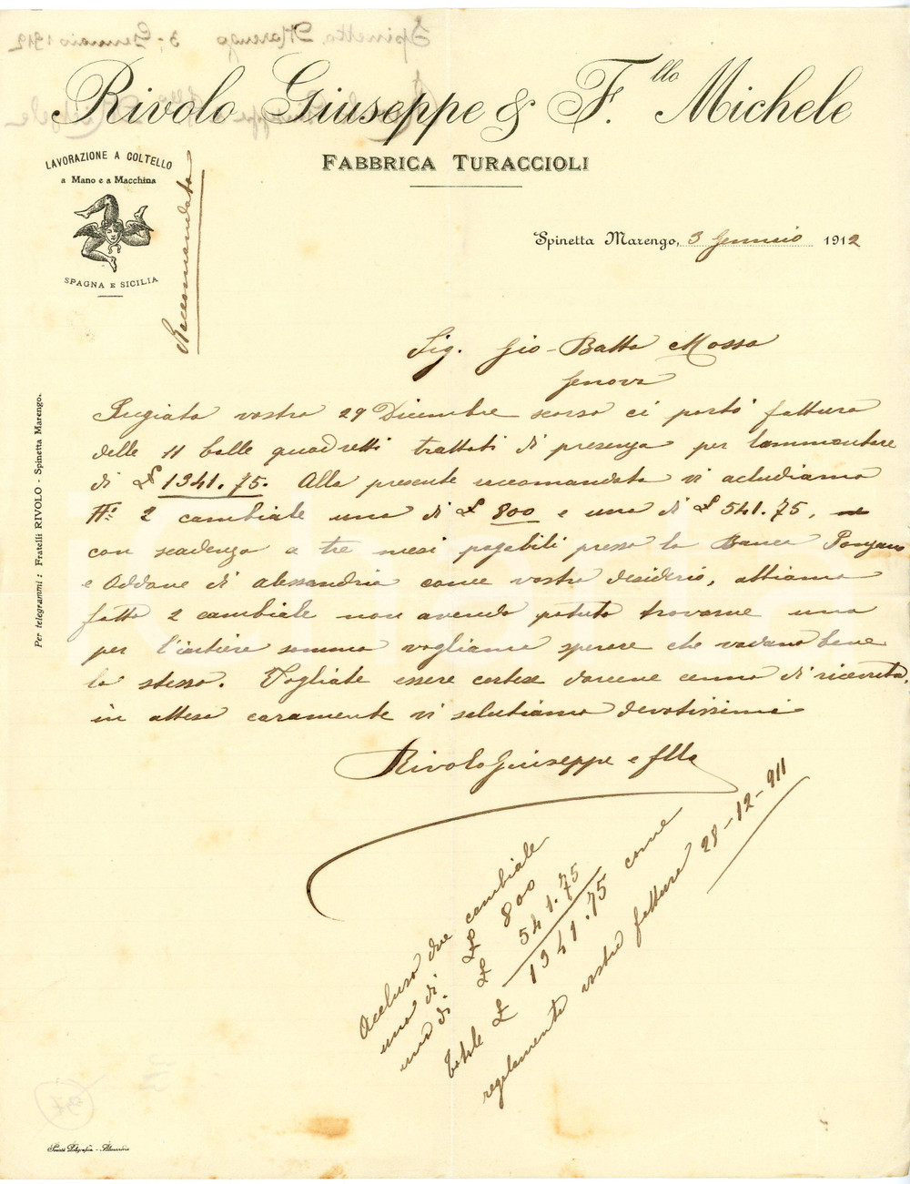 1912 SPINETTA MARENGO - RIVOLO Giuseppe & F.llo Michele - Turaccioli - Lettera Lettera commerciale d'epoca, manoscritta, su carta intestata.CONDIZIONI: FAIR (piegature d'epoca; minimi ingiallimenti)PAGINE: 1    originale e autentica 1