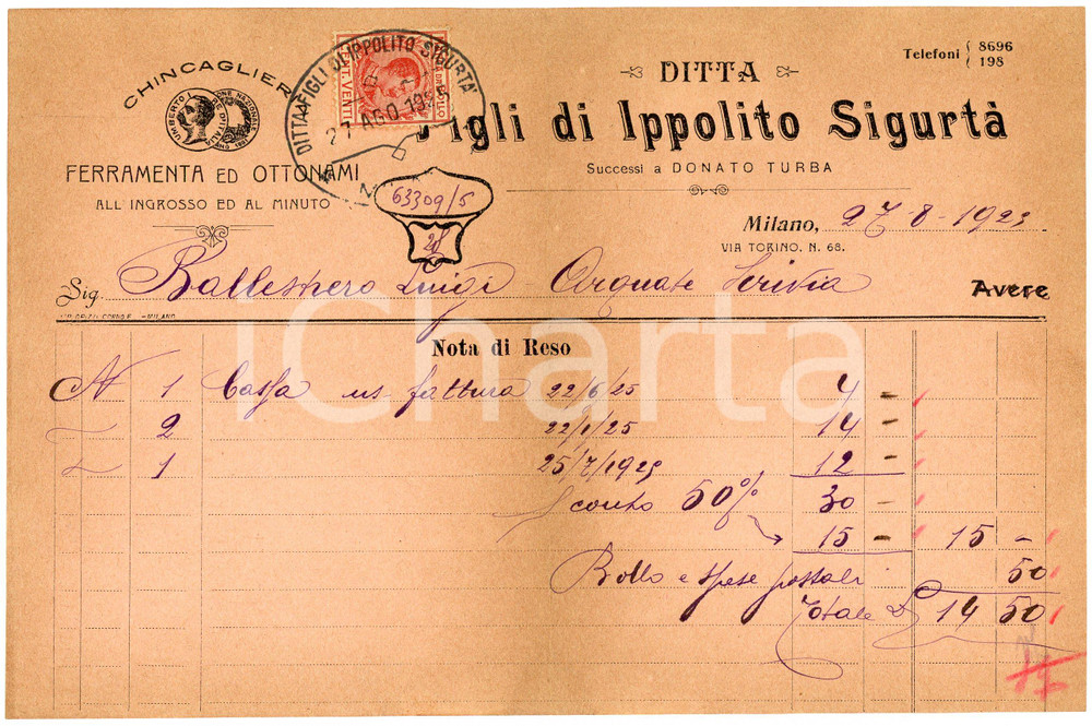 1925 MILANO Ditta FIGLI DI IPPOLITO SIGURTÀ Ferramenta - Fattura commerciale Fattura commerciale d'epoca, manoscritta, su carta intestata.Presenti marche da bollo.CONDIZIONI: FAIR (piegature d'epoca)PAGINE: 1    originale e autentica 1