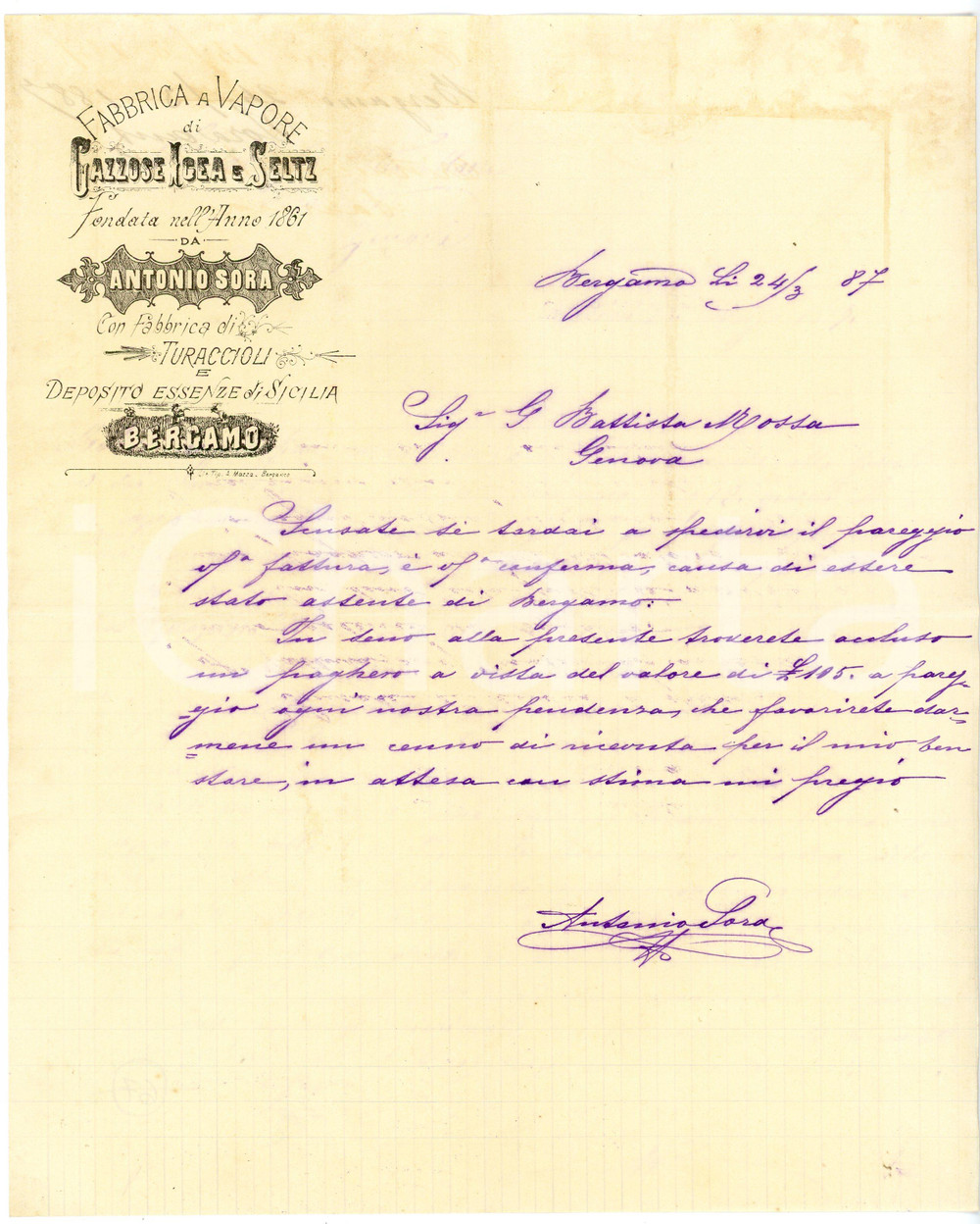 1887 BERGAMO Antonio SORA Fabbrica di gazzose IGEA e seltz - Lettera commerciale Lettera commerciale d'epoca, su carta intestata, manoscritta, illustrata.CONDIZIONI: FAIR (piegature d'epoca)PAGINE: 1    originale e autentica 1