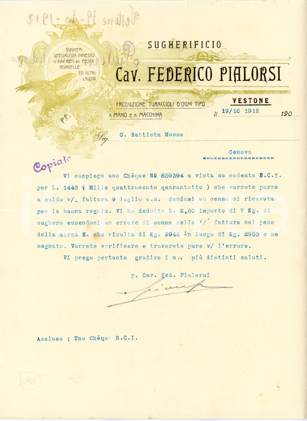 1912 VESTONE Sugherificio Cav. Federico PIALORSI - Lettera commerciale Fattura commerciale d'epoca, su carta intestata, manoscritta, illustrata.CONDIZIONI: FAIR (piegature d'epoca)PAGINE: 1    originale e autentica 1