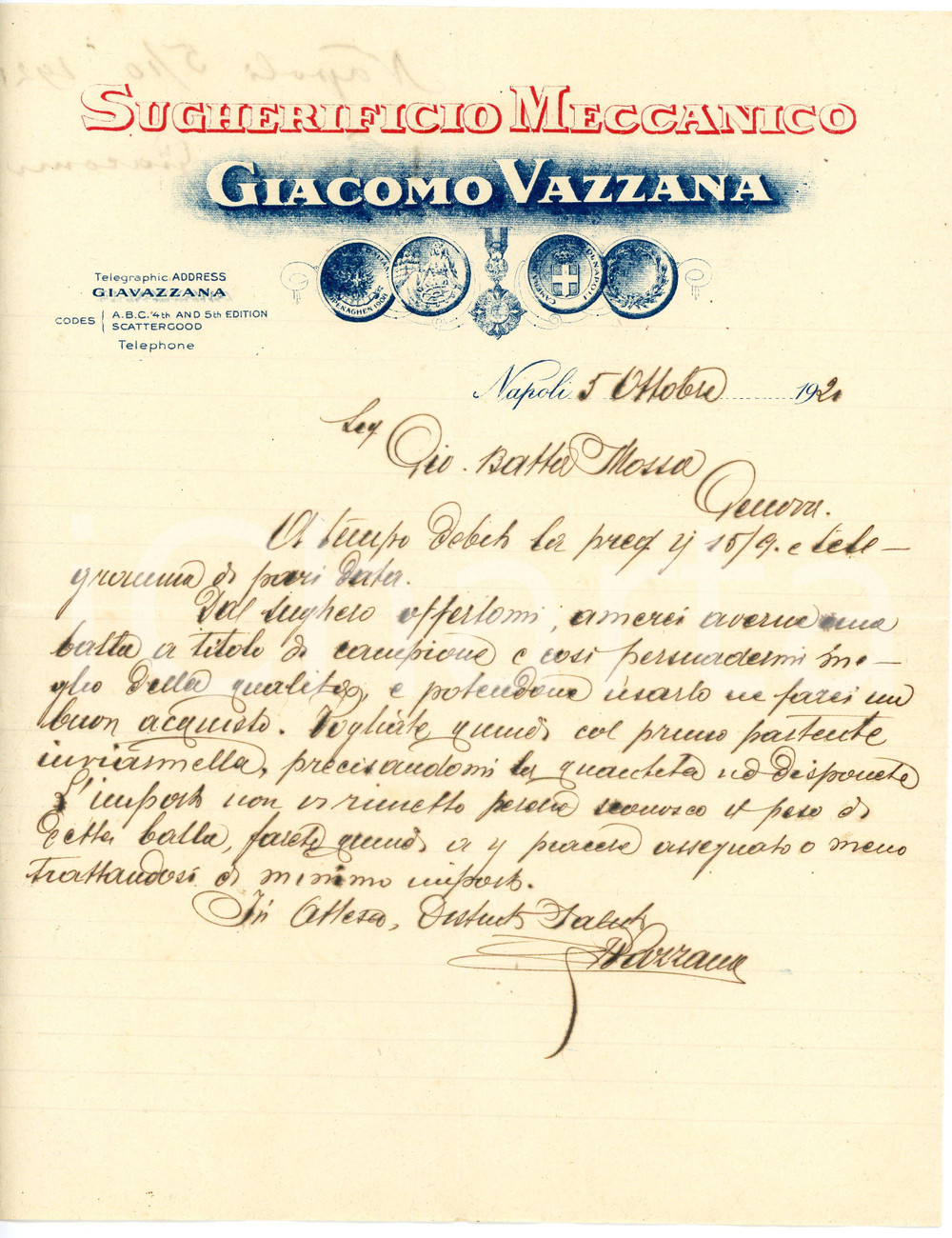 1920 NAPOLI Giacomo VAZZANA Sugherificio meccanico - Lettera commerciale Fattura commerciale d'epoca, manoscritta, su carta intestata illustrata.CONDIZIONI: FAIR (piegature d'epoca)PAGINE: 1    originale e autentica 1