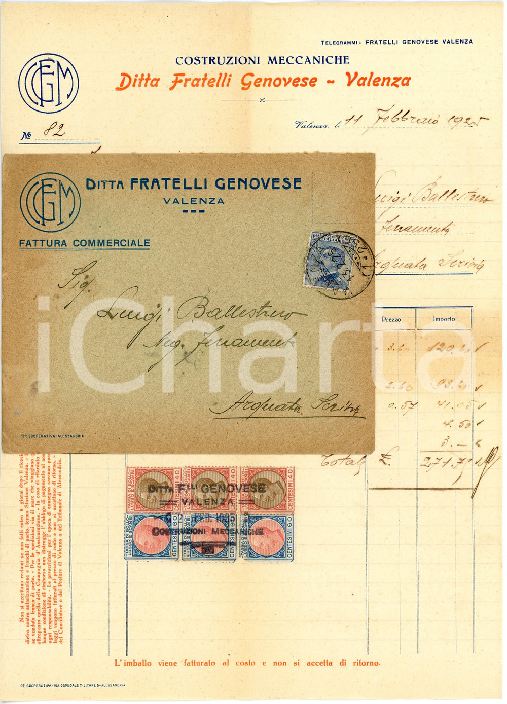 1925 VALENZA Ditta Fratelli GENOVESE Costruzioni meccaniche - Fattura con busta Fattura commerciale d'epoca, manoscritta, su carta intestata. Con busta. Presenti marche da bollo.CONDIZIONI: FAIR (piegature d'epoca)PAGINE: 1    originale e autentica 1