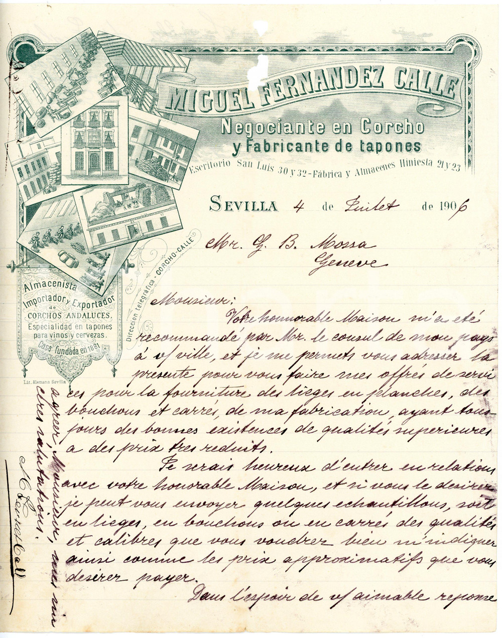 1906 SEVILLA Miguel Fernandez CALLE - Corcho y tapones - Carta comercial Lettera commerciale d'epoca, manoscritta, su pregevole carta intestata. Sevilla - Escritorio San Luis 30 y 32CONDIZIONI: P (piegature d'epoca e strappi al lato superiore)PAGINE: 1    originale e autentica 1