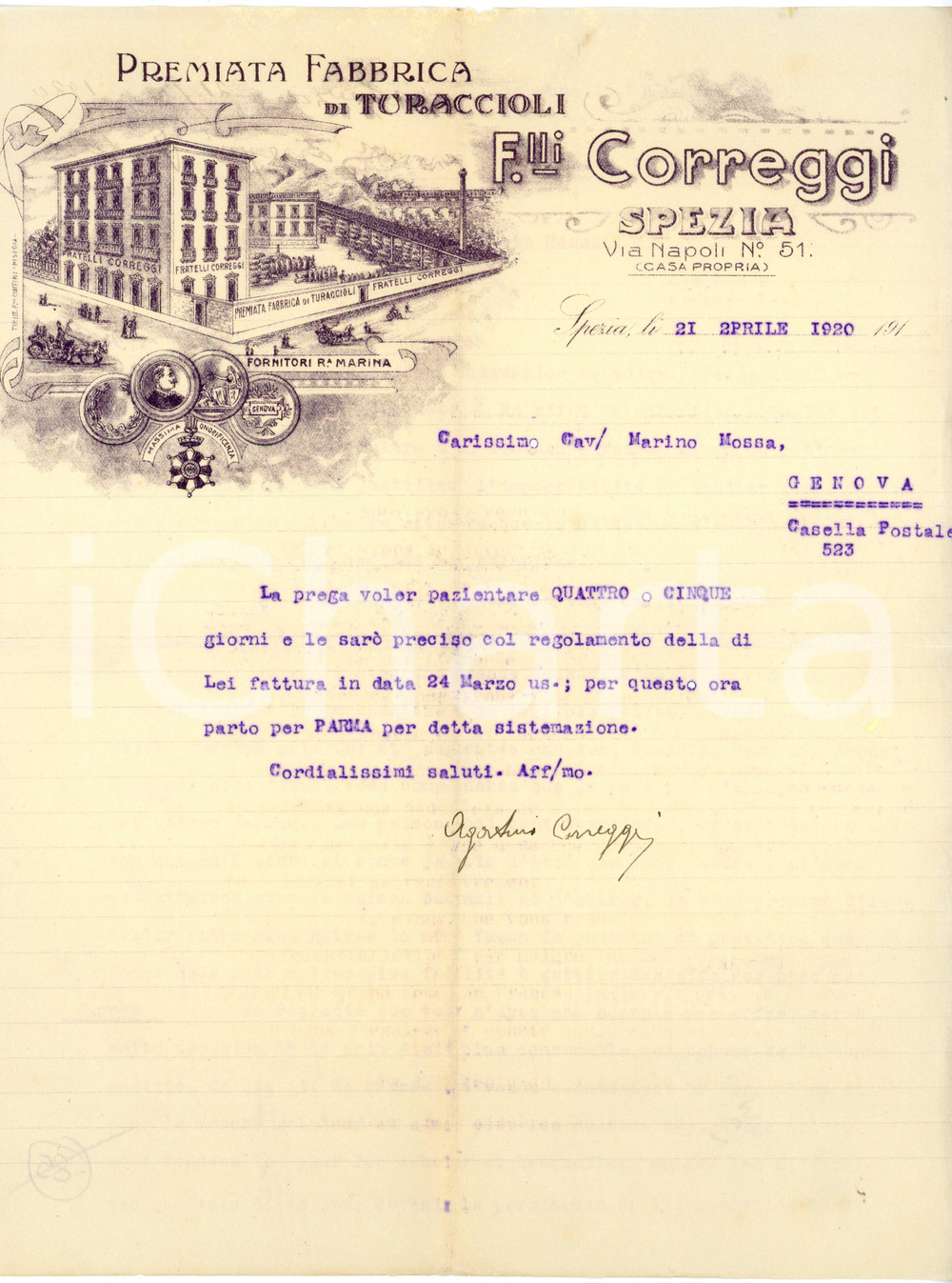 1920 LA SPEZIA Fratelli CORREGGI - Fabbrica Turaccioli - Lettera carta intestata Lettera commerciale d'epoca, manoscritta, su pregevole carta intestata.CONDIZIONI: FAIR (piegature d'epoca)PAGINE: 1    originale e autentica 1