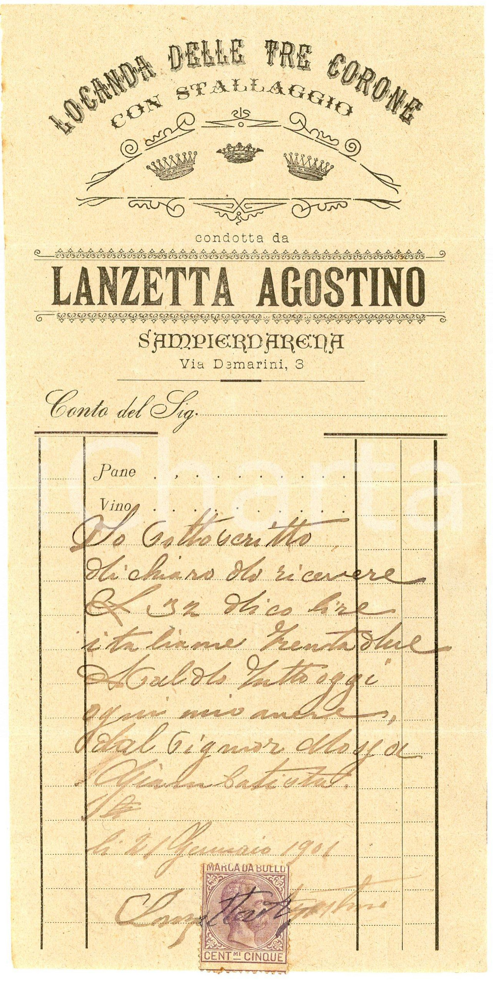 1901 GENOVA SAMPIERDARENA Locanda TRE CORONE - LANZETTA Agostino - Conto Conto di locanda, su carta intestata, manoscritto.Genova Sampierdarena - via Damarini 3Marca da bollo.CONDIZIONI: FAIR (piegature d'epoca)PAGINE: 1    originale e autentica 1