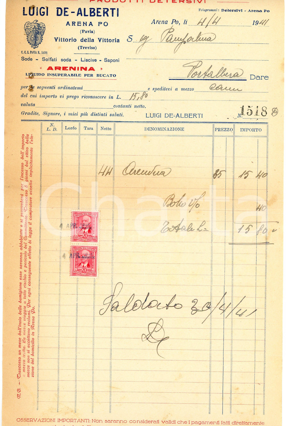 1941 ARENA PO Luigi DE ALBERTI Prodotti detersivi - Fattura per ARENINA Fattura commerciale d'epoca, su carta intestata, manoscritta, illustrata. CONDIZIONI: FAIR (piegature d'epoca, gualciture)PAGINE: 1    originale e autentica 1