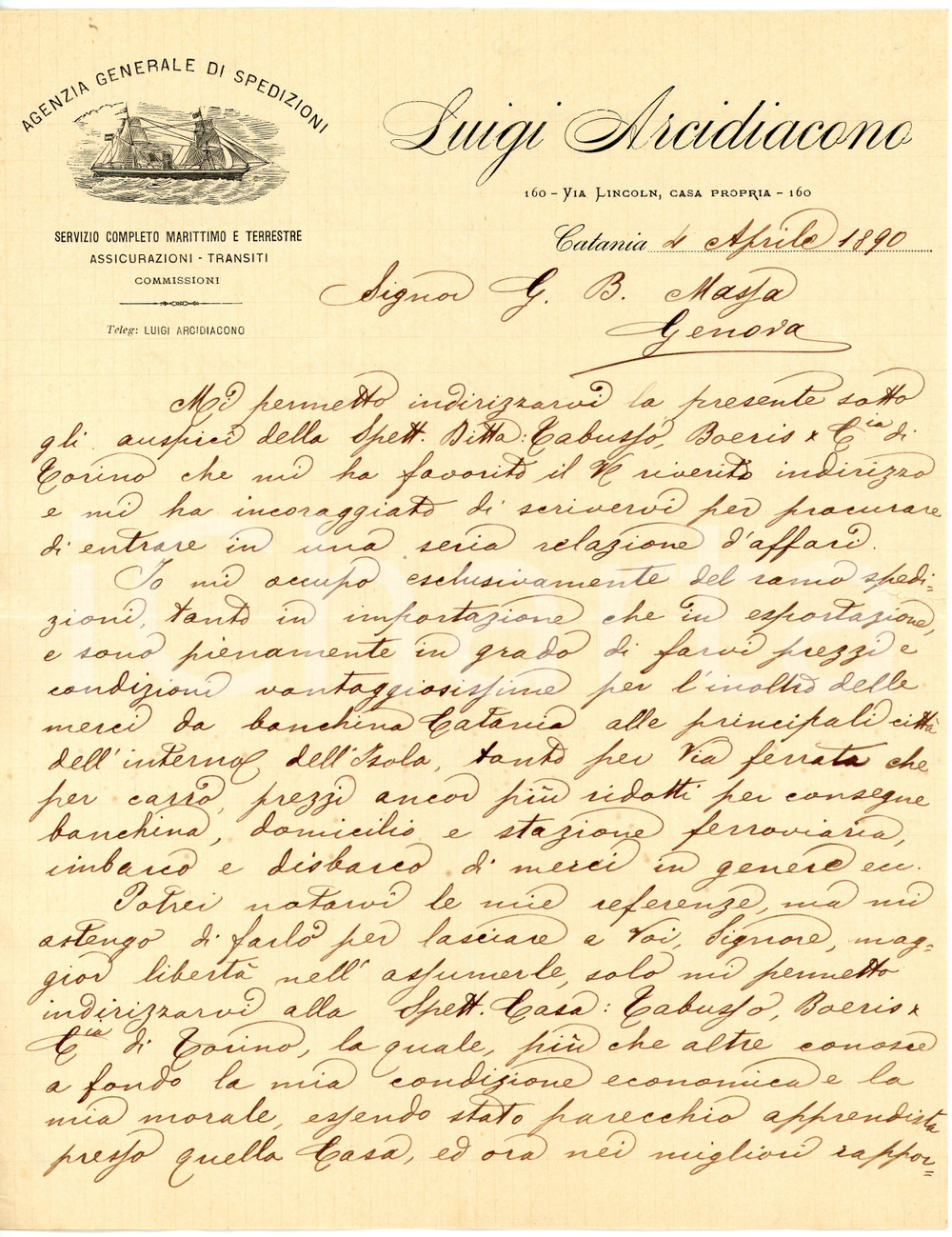1890 CATANIA Luigi ARCIDIACONO Agenzia generale spedizioni Lettera commerciale Lettera commerciale d'epoca, su carta intestata, manoscritta.CONDIZIONI: POOR (piegature d'epoca, strappo al margine destro)PAGINE: 1    originale e autentica 1