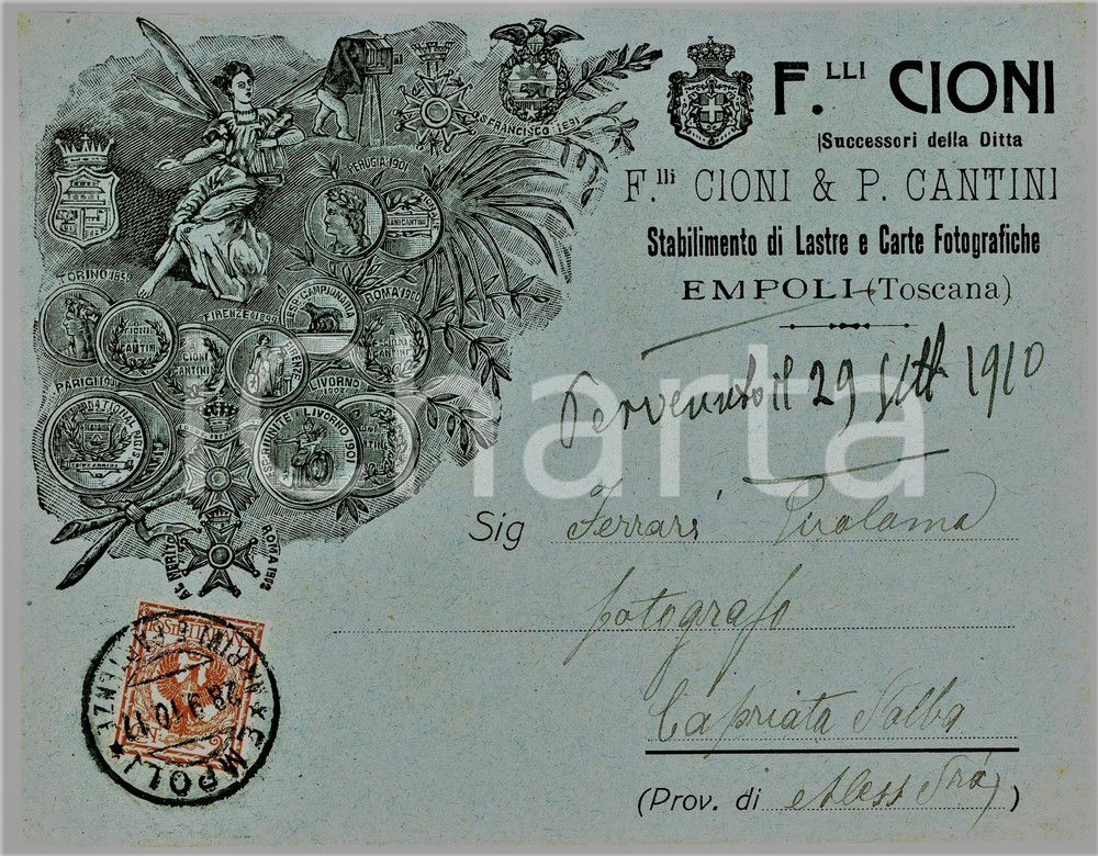 1910 EMPOLI Stabilimento Fratelli CIONI Lastre e carte fotografiche - Busta Busta d'epoca illustrata. CONDIZIONI: FAIR (gualciture d'epoca)    originale e autentica 1
