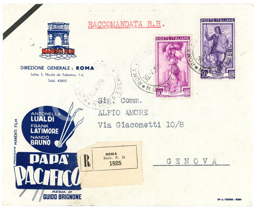 1955 ROMA - MANENTI FILM Busta con promo film PAPÀ PACIFICO Antonella LUALDI Busta d'epoca, illustrata, con pubblicit&agrave; del film "Pap&agrave; Pacifico" di Guido Brignone. CONDIZIONI: FAIR (piegature d'epoca)    originale e autentica 1