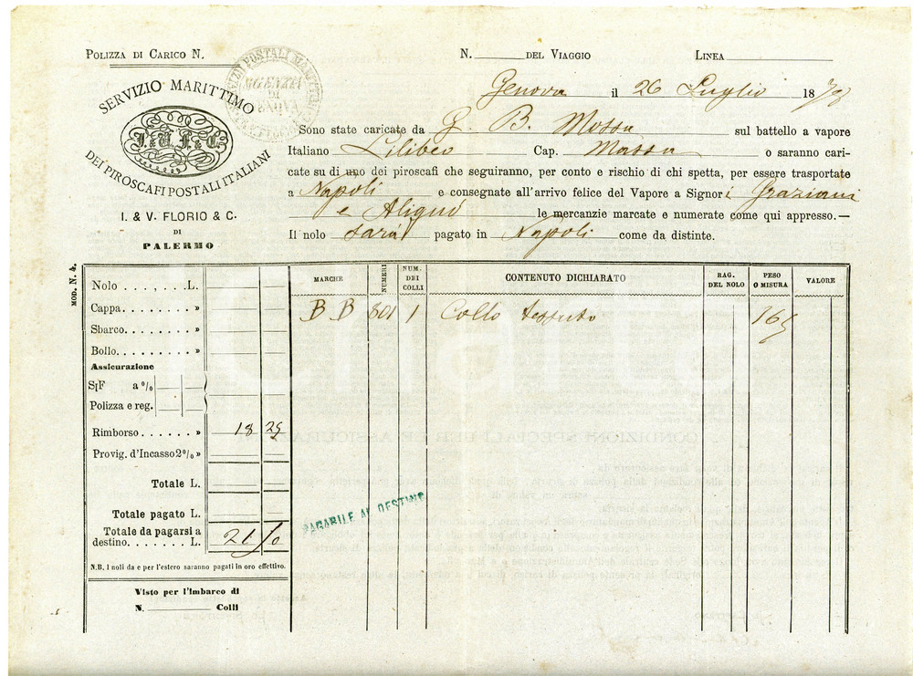 1878 GENOVA Servizio Marittimo Piroscafi Postali - Polizza carico tessuto Polizza di carico, a stampa con inserti manoscritti, su carta intestata.CONDIZIONI: F (piegature d'epoca; piccolo foro all'angolo superiore sinistro)PAGINE: 1    originale e autentica 1