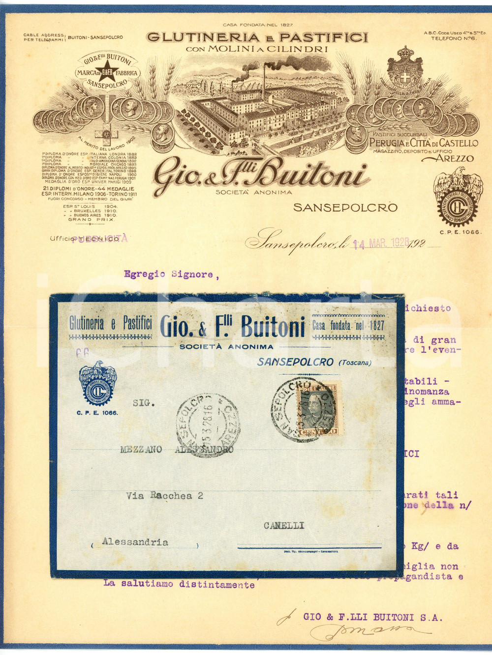 1928 SANSEPOLCRO (AR) - Gio. & F.lli BUITONI - Glutineria e pastifici - Lettera Lettera commerciale d'epoca, dattiloscritta, su carta intestata illustrata.Busta intestata e viaggiata. CONDIZIONI: F (piegature d'epoca. Busta con lieve ingiallimento)PAGINE: 1    originale e autentica 1
