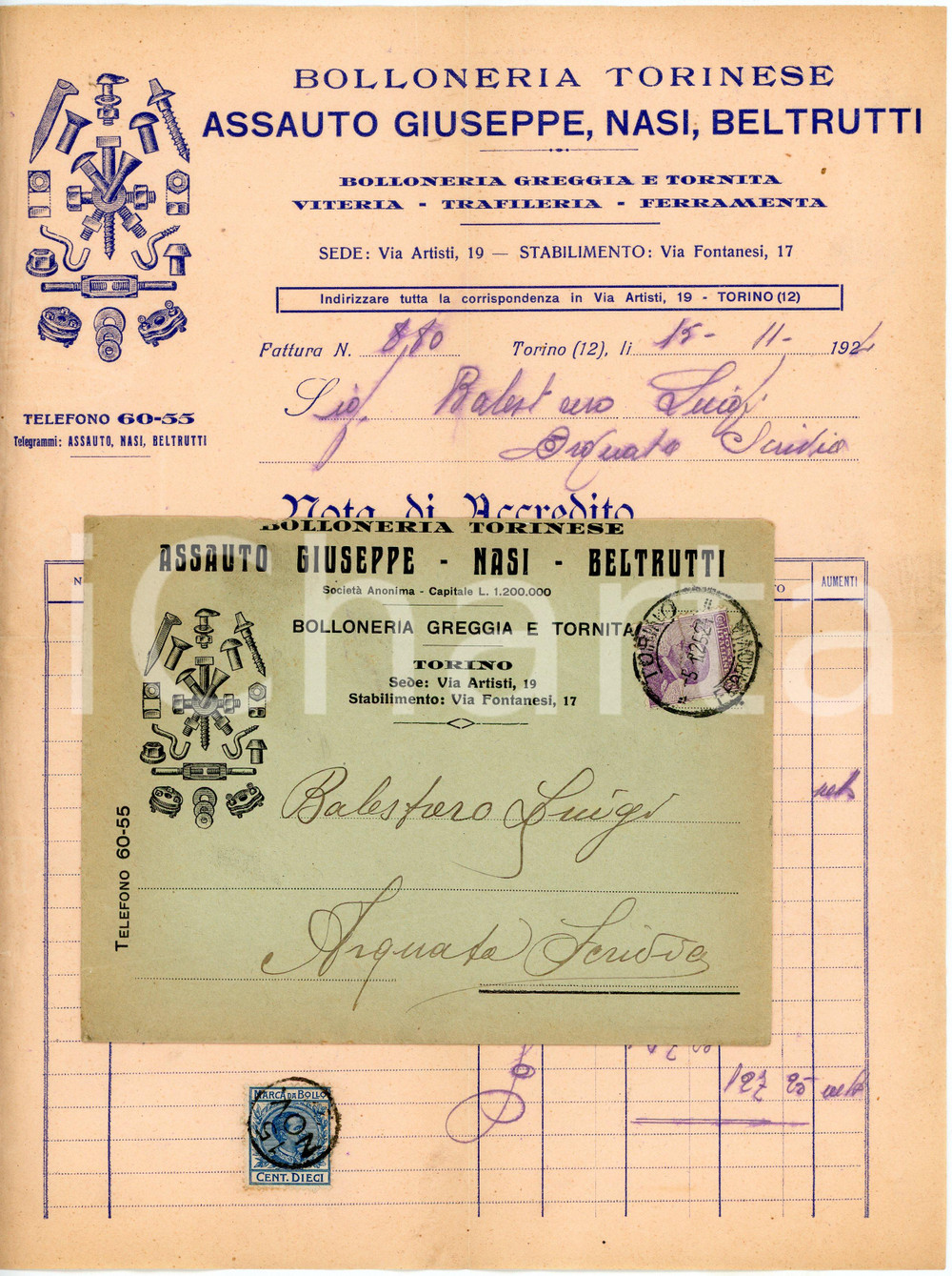 1924 TORINO - ASSAUTO, NASI, BELTRUTTI - Bolloneria Torinese - Nota d'accredito Nota di accredito d'epoca, a stampa con inserti manoscritti, su carta intestata illustrata.Busta intestata, illustrata e viaggiata. Torino - via Artisti 19.Presente marca da bollo.CONDIZIONI: F (piegature d'epoca)PAGINE: 1    originale e autentica 1
