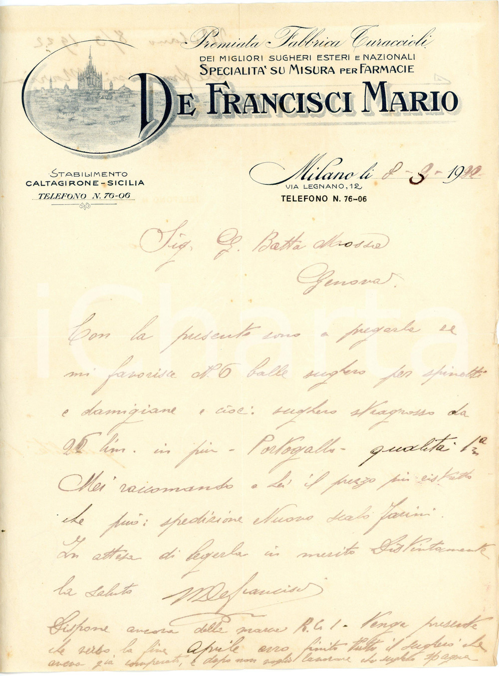 1922 MILANO Mario DE FRANCISCI Premiata fabbrica turaccioli *Lettera commerciale Lettera commerciale d'epoca, su carta intestata, manoscritta, illustrata. CONDIZIONI: FAIR (piegature d'epoca, lievi bruniture)PAGINE: 1    originale e autentica 1
