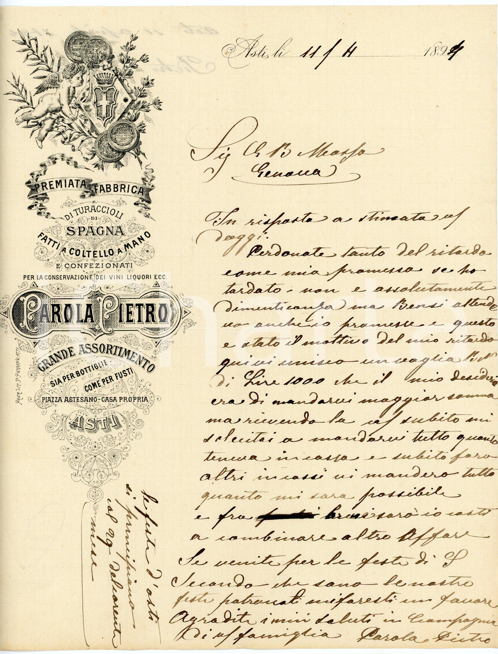 1894 ASTI Fabbrica Pietro PAROLA Turaccioli di Spagna - Lettera commerciale Lettera commerciale d'epoca, su carta intestata, manoscritta, illustrata.CONDIZIONI: FAIR (piegature d'epoca)PAGINE: 1    originale e autentica 1
