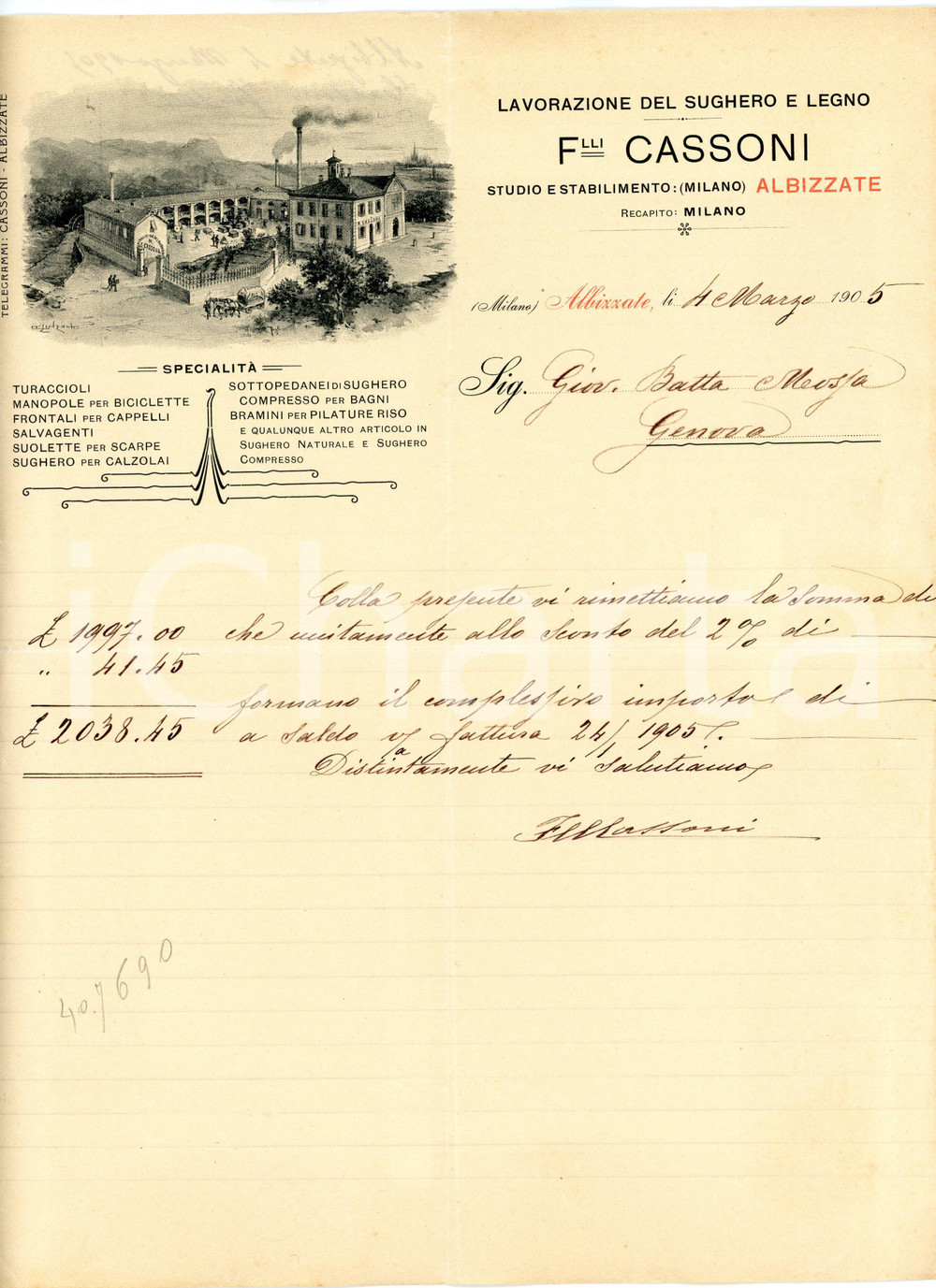 1905 ALBIZZATE Fratelli CASSONI Lavorazione del sughero - Lettera commerciale Lettera commerciale d'epoca, su carta intestata, dattiloscritta, illustrata. CONDIZIONI: FAIR (piegature d'epoca, gualciture ai margini)PAGINE: 1    originale e autentica 1