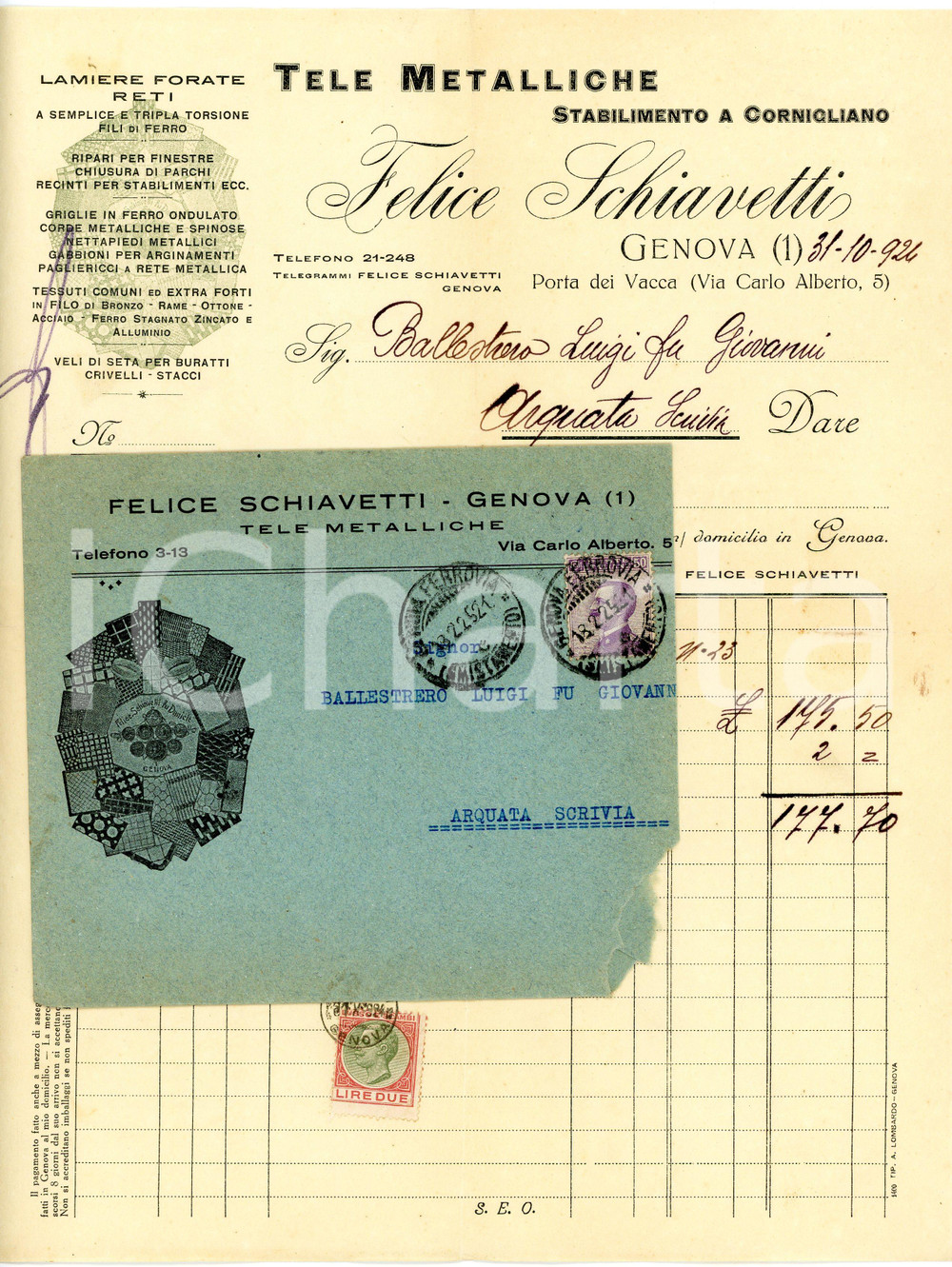 1925 GENOVA - Felice SCHIAVETTI - Tele metalliche - Fattura Fattura commerciale d'epoca, a stampa con inserti manoscritti, su carta intestata illustrata.Busta intestata, illustrata e viaggiata.Genova - via Carlo Alberto, 5Presente marca da bollo.CONDIZIONI: F (piegature d'epoca)PAGINE: 1    originale e autentica 1