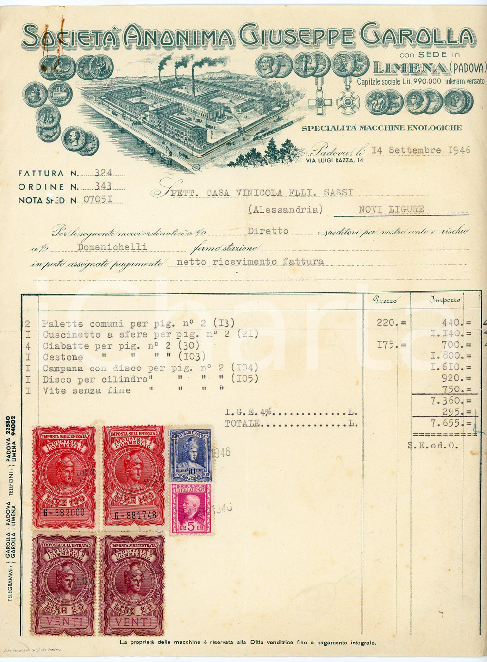 1946 LIMENA Società Anonima Giuseppe GAROLLA Macchine enologiche - Fattura Fattura commerciale d'epoca, su carta intestata, dattiloscritta, illustrata.CONDIZIONI: POOR (piegature d'epoca, strappi lungo i margini)PAGINE: 1    originale e autentica 1
