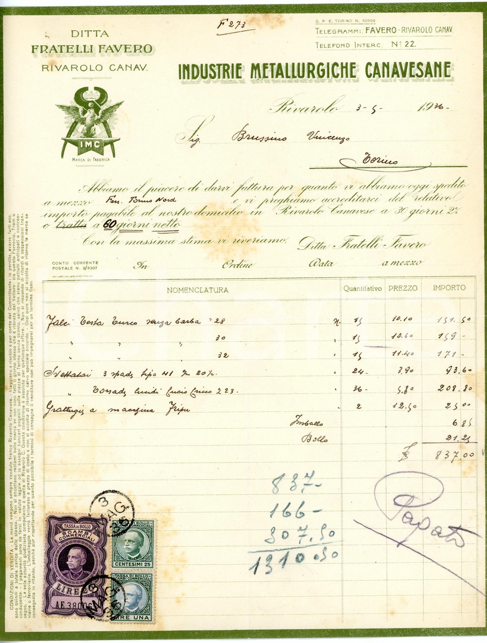 1936 RIVAROLO CANAVESE Ditta Fratelli FAVERO Industrie metallurgiche - Fattura Fattura commerciale d'epoca, su carta intestata, manoscritta, illustrata.CONDIZIONI: FAIR (piegature d'epoca, lievi ingialliture)PAGINE: 1    originale e autentica 1