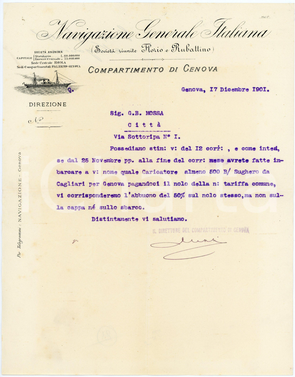 1901 GENOVA Navigazione Generale Italiana FLORIO E RUBATTINO Lettera commerciale Lettera commerciale d'epoca, dattiloscritta, su carta intestata illustrata.CONDIZIONI: FAIR (piegature d'epoca)PAGINE: 1    originale e autentica 1