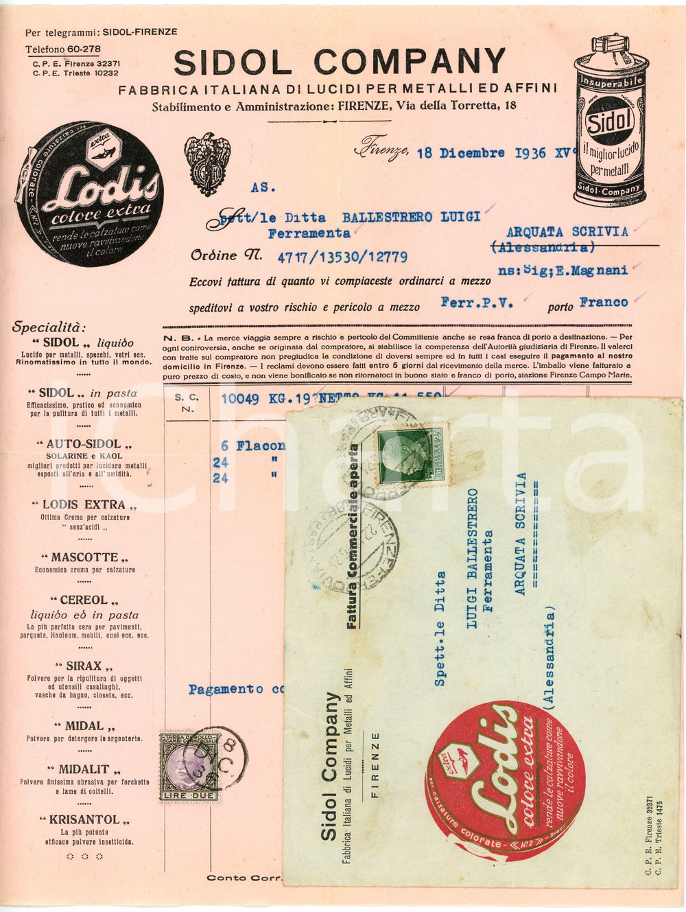 1936 FIRENZE - SIDOL COMPANY - Fabbrica italiana di lucidi per metalli *Fattura Fattura commerciale d'epoca, dattiloscritta, su carta intestata illustrata.Busta intestata, illustrata e viaggiata.Firenze - via della Torretta, 18Presente marca da bollo.CONDIZIONI: F (piegature d'epoca)PAGINE: 1    originale e autentica 1