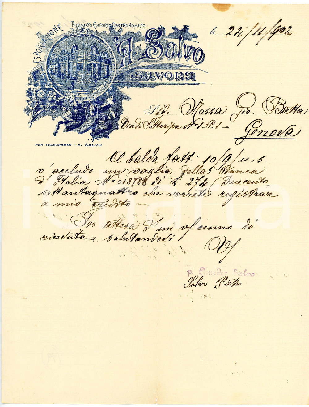 1902 SAVONA Emporio gastronomico Amedeo SALVO Lettera commerciale Lettera commerciale d'epoca, manoscritta, su carta intestata illustrata.CONDIZIONI: FAIR (piegature d'epoca e macchia al margine superiore)PAGINE: 1    originale e autentica 1