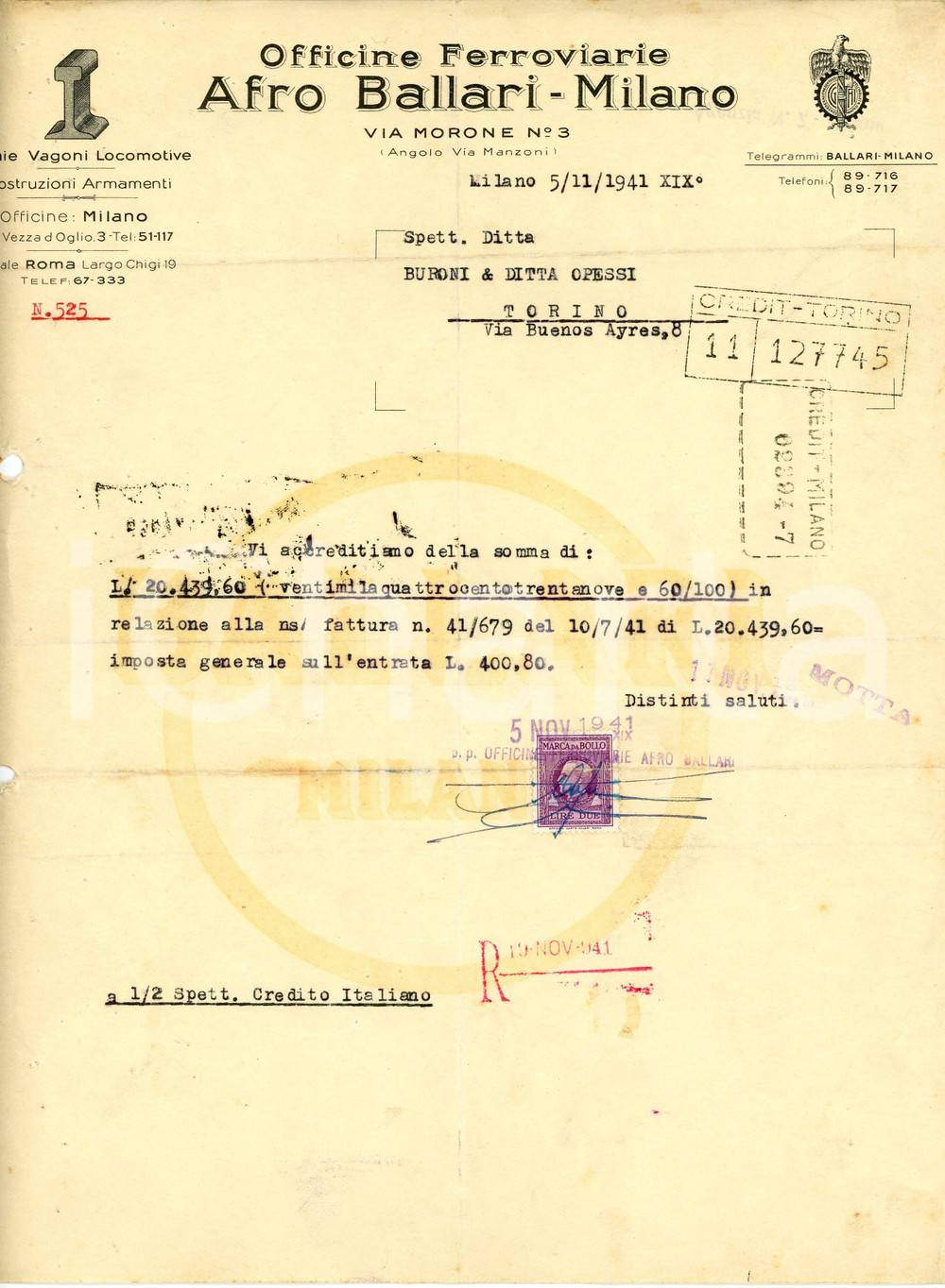 1941 MILANO Officine Ferroviarie Afro BALLARI - Lettera accredito Lettera d'epoca, dattiloscritta, su carta intestata.Marca da bollo.Milano - via Morone 3CONDIZIONI: P (piegature d'epoca; fori da classificatore al lato sinistro)PAGINE: 1    originale e autentica 1