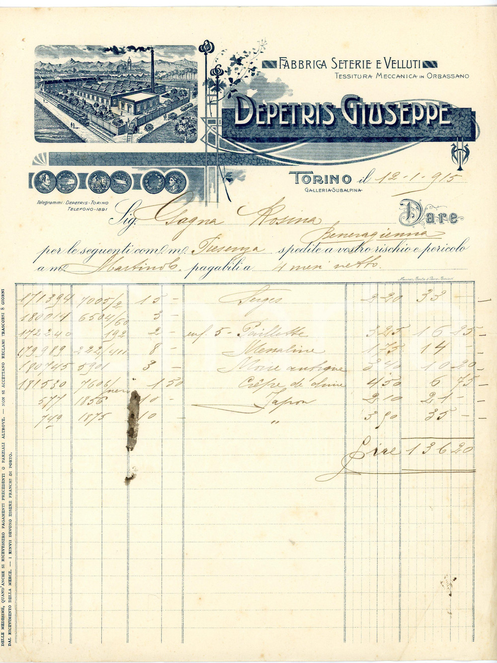 1915 TORINO Giuseppe DEPETRIS - Fabbrica seterie velluti ^Fattura intestata Fattura commerciale d'epoca, manoscritta , su carta intestata illustrata.Torino - Galleria SubalpinaCONDIZIONI: P (piegature d'epoca; minimi fori all'angolo superiore sinistro; minimi strappi al lato sinistro)PAGINE: 1    originale e autentica 1