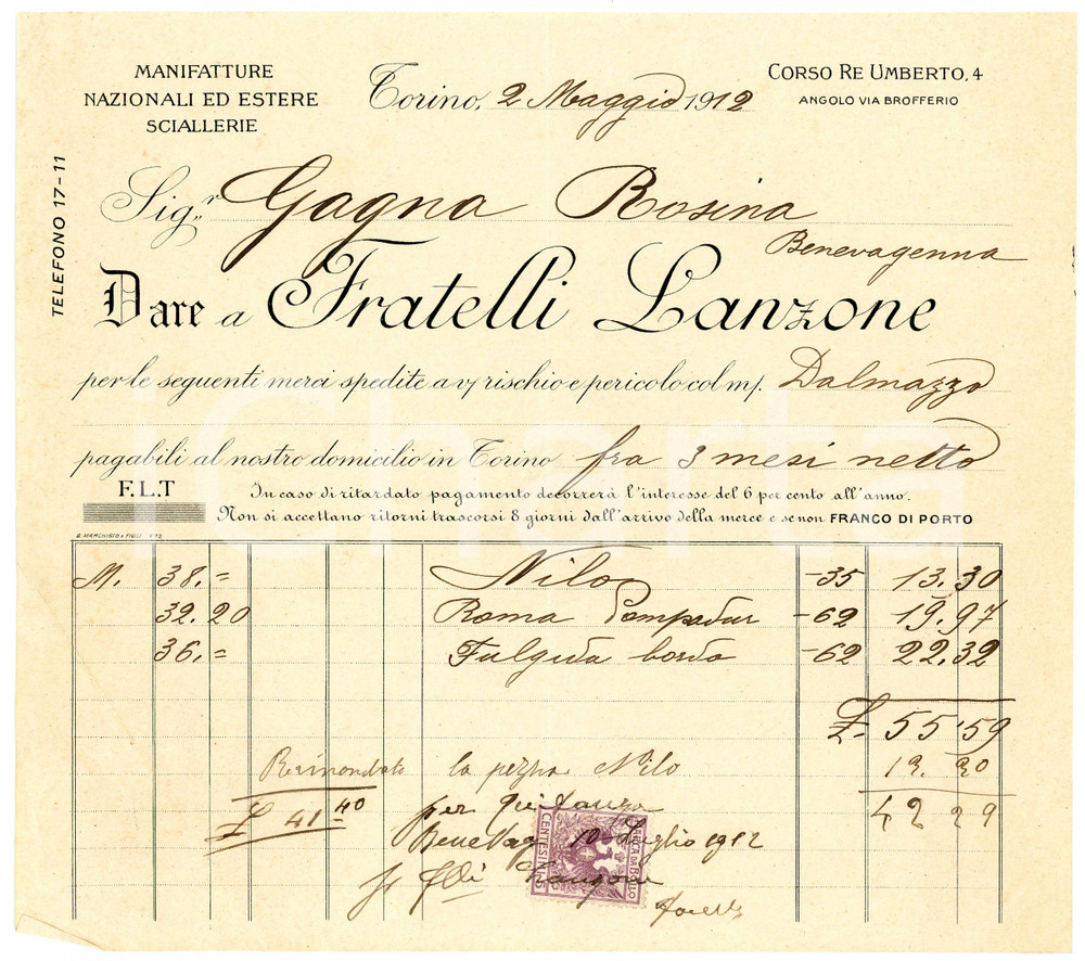 1912 TORINO - Fratelli LANZONE - Manifatture  e sciallerie - Fattura Fattura commerciale d'epoca, a stampa con inserti manoscritti, su carta intestata.Torino - corso Re Umberto, 4Presente marca da bollo.CONDIZIONI: F (piegature d'epoca)PAGINE: 1    originale e autentica 1