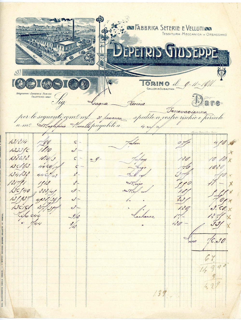 1911 TORINO Giuseppe DEPRETIS Fabbrica seterie velluti - Fattura carta intestata Fattura commerciale d'epoca, manoscritta , su carta intestata illustrata.Torino - Galleria SubalpinaCONDIZIONI: P (piegature d'epoca; minimi strappi marginali)PAGINE: 1    originale e autentica 1