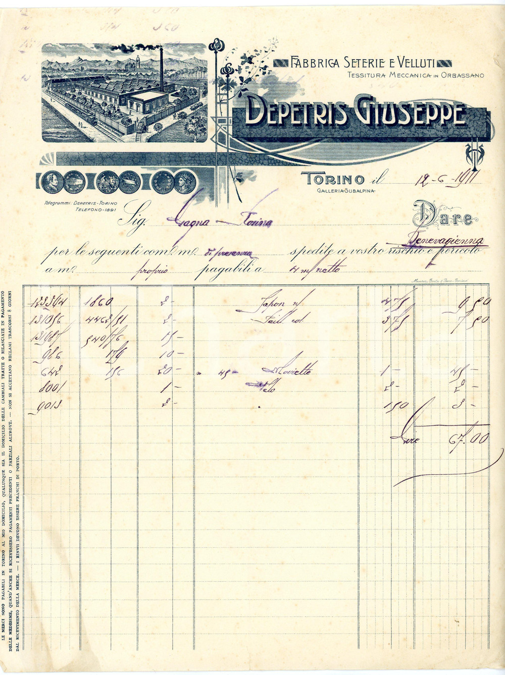 1911 TORINO Giuseppe DEPETRIS Fabbrica seterie velluti - Fattura carta intestata Fattura commerciale d'epoca, manoscritta , su carta intestata illustrata.Torino - Galleria SubalpinaCONDIZIONI: P (piegature d'epoca; piccoli strappi marginali)PAGINE: 1    originale e autentica 1