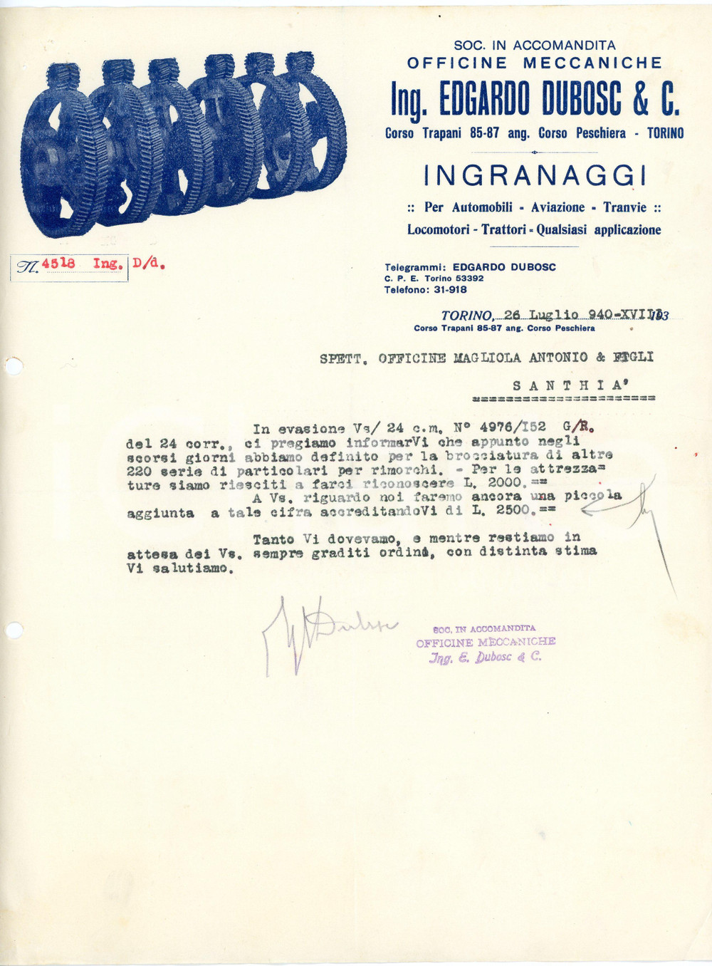 1940 TORINO Ing. Edgardo DUBOSC - Officine Meccaniche - Lettera commerciale Lettera commerciale d'epoca, dattiloscritta, su carta intestata illustrata.Torino - Corso Trapani, 85-87CONDIZIONI: P (piegature d'epoca; fori da classificatore al lato sinistro; fori all'angolo superiore sinistro)PAGINE: 1    originale e autentica 1
