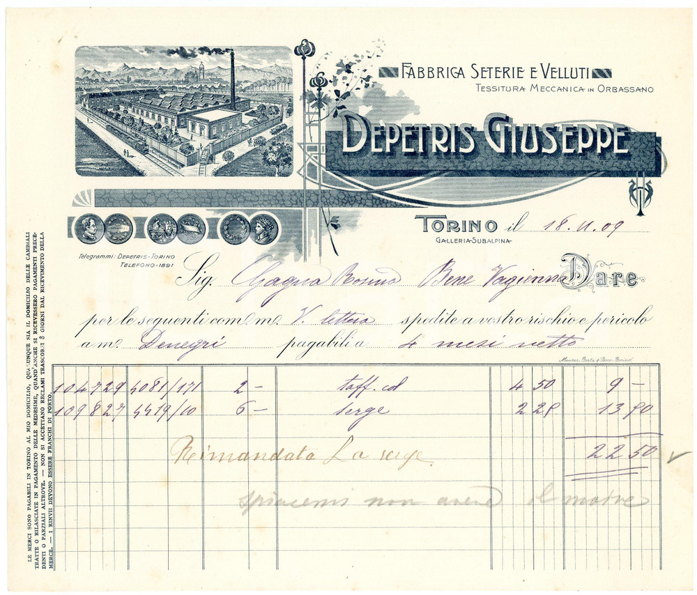 1909 TORINO Giuseppe DEPETRIS Fabbrica seterie velluti - Fattura carta intestata Fattura commerciale d'epoca, manoscritta , su carta intestata illustrata.Torino - Galleria SubalpinaCONDIZIONI: F (piegature d'epoca; piccoli fori all'angolo superiore sinistro)PAGINE: 1    originale e autentica 1